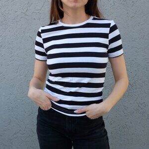 BERSHKA Black and White Striped Tee